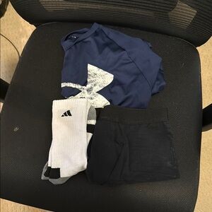 Under Armour Men's Navy shirt, boxer briefs, Adidas white socks